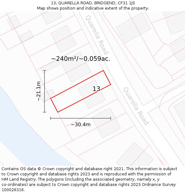 13, QUARELLA ROAD, BRIDGEND, CF31 1JS: Plot and title map
