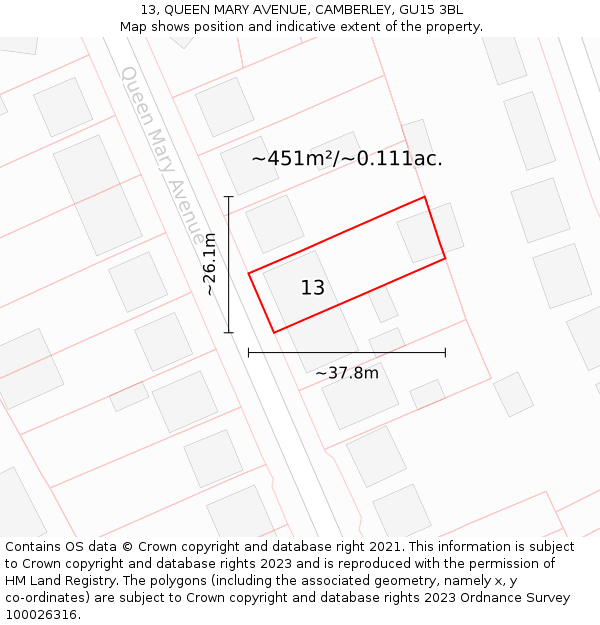 13, QUEEN MARY AVENUE, CAMBERLEY, GU15 3BL: Plot and title map