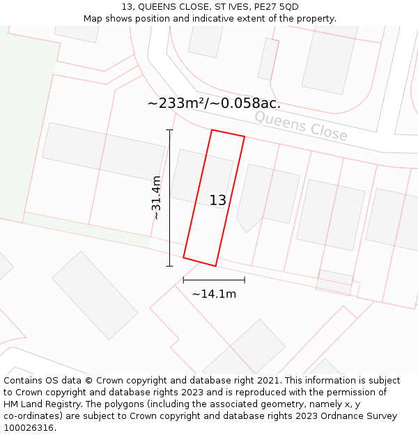 13, QUEENS CLOSE, ST IVES, PE27 5QD: Plot and title map