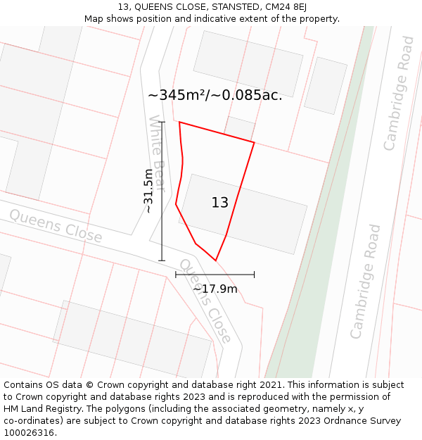 13, QUEENS CLOSE, STANSTED, CM24 8EJ: Plot and title map