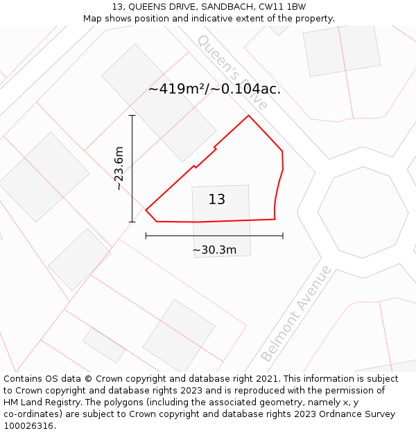 13, QUEENS DRIVE, SANDBACH, CW11 1BW: Plot and title map