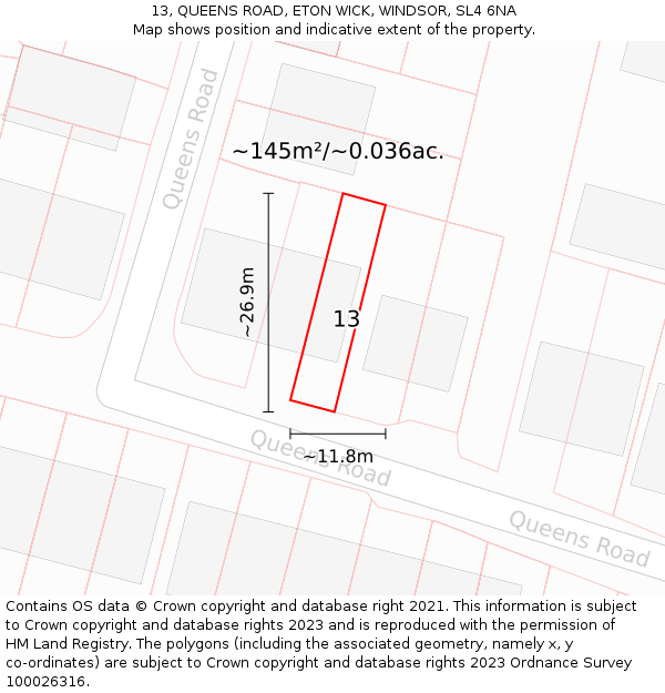13, QUEENS ROAD, ETON WICK, WINDSOR, SL4 6NA: Plot and title map
