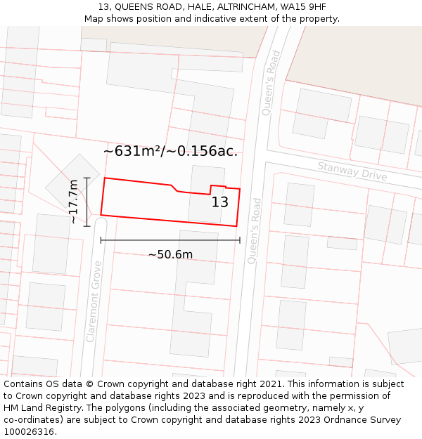 13, QUEENS ROAD, HALE, ALTRINCHAM, WA15 9HF: Plot and title map