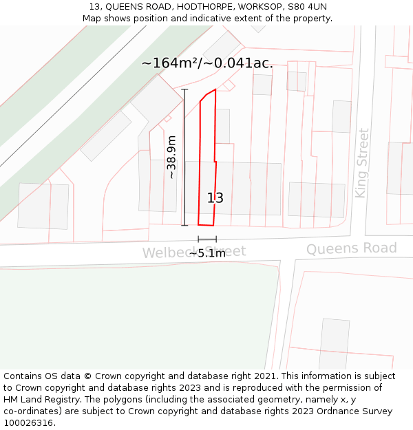 13, QUEENS ROAD, HODTHORPE, WORKSOP, S80 4UN: Plot and title map