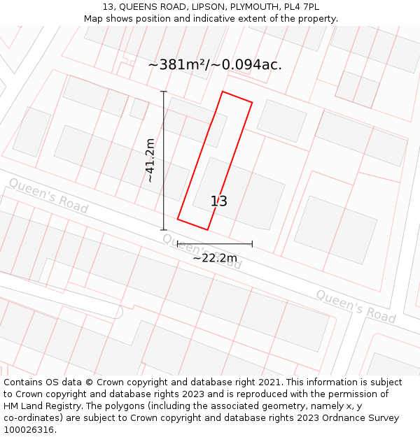 13, QUEENS ROAD, LIPSON, PLYMOUTH, PL4 7PL: Plot and title map