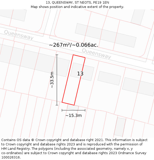 13, QUEENSWAY, ST NEOTS, PE19 1EN: Plot and title map