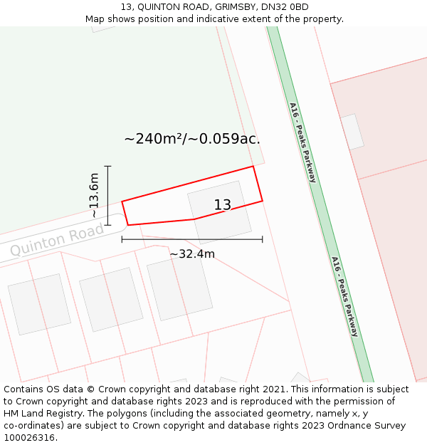 13, QUINTON ROAD, GRIMSBY, DN32 0BD: Plot and title map