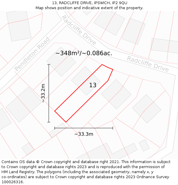 13, RADCLIFFE DRIVE, IPSWICH, IP2 9QU: Plot and title map