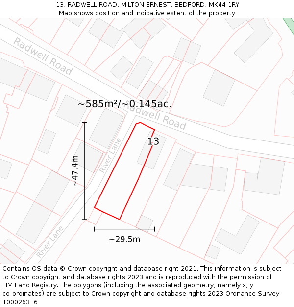 13, RADWELL ROAD, MILTON ERNEST, BEDFORD, MK44 1RY: Plot and title map