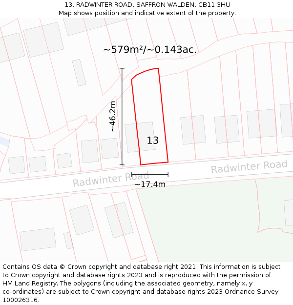 13, RADWINTER ROAD, SAFFRON WALDEN, CB11 3HU: Plot and title map
