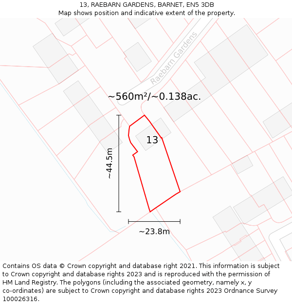 13, RAEBARN GARDENS, BARNET, EN5 3DB: Plot and title map