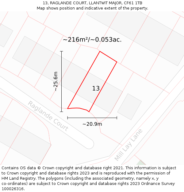 13, RAGLANDE COURT, LLANTWIT MAJOR, CF61 1TB: Plot and title map