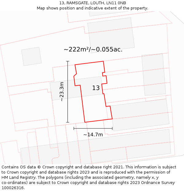 13, RAMSGATE, LOUTH, LN11 0NB: Plot and title map