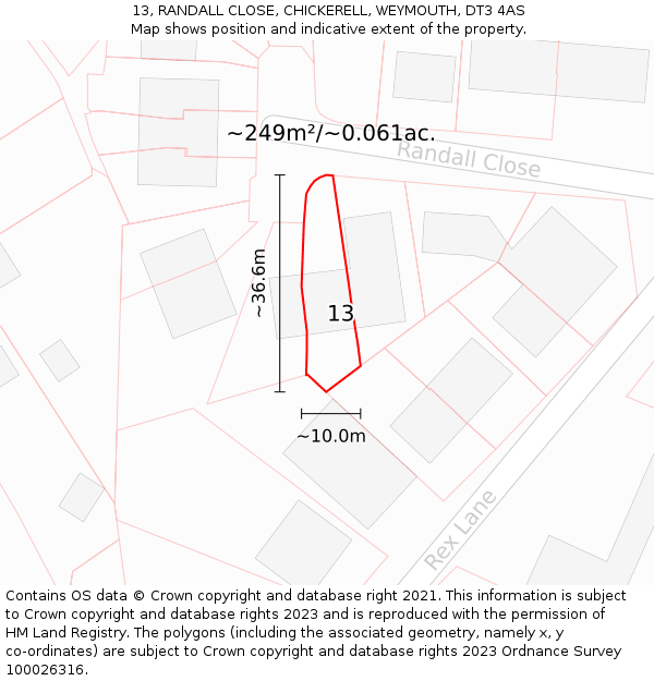 13, RANDALL CLOSE, CHICKERELL, WEYMOUTH, DT3 4AS: Plot and title map