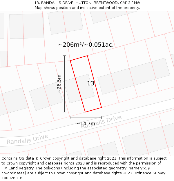 13, RANDALLS DRIVE, HUTTON, BRENTWOOD, CM13 1NW: Plot and title map
