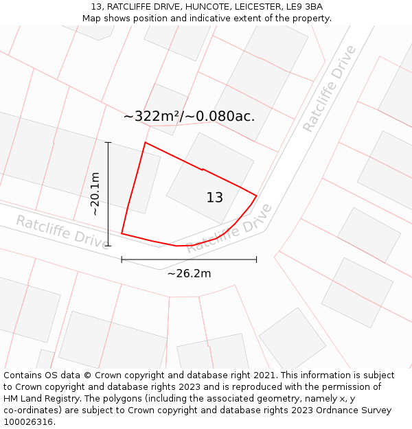 13, RATCLIFFE DRIVE, HUNCOTE, LEICESTER, LE9 3BA: Plot and title map