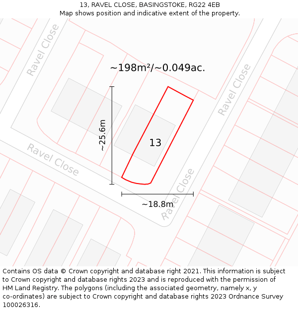 13, RAVEL CLOSE, BASINGSTOKE, RG22 4EB: Plot and title map