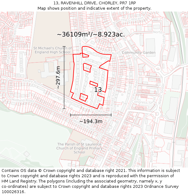 13, RAVENHILL DRIVE, CHORLEY, PR7 1RP: Plot and title map