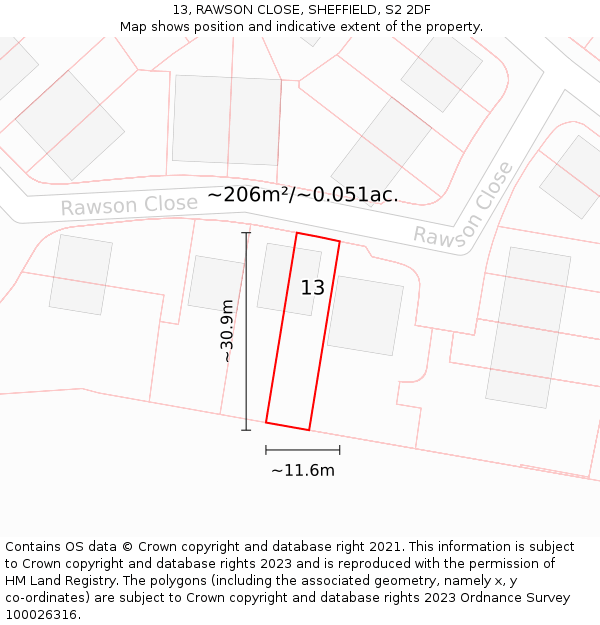 13, RAWSON CLOSE, SHEFFIELD, S2 2DF: Plot and title map