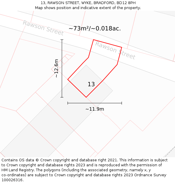 13, RAWSON STREET, WYKE, BRADFORD, BD12 8PH: Plot and title map