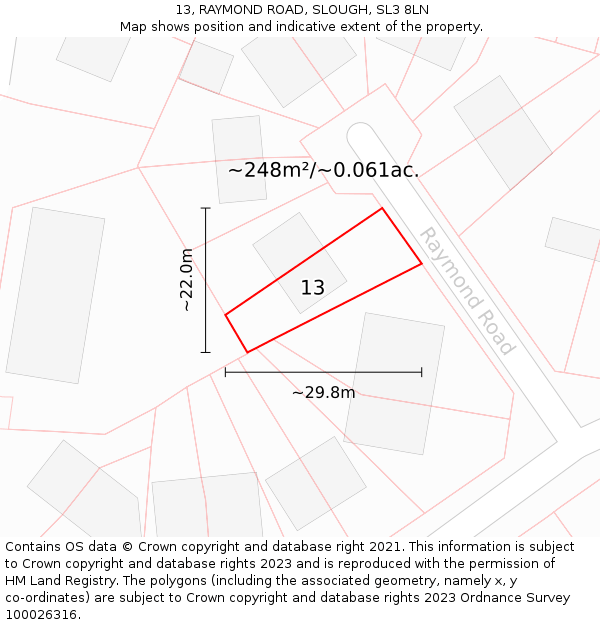 13, RAYMOND ROAD, SLOUGH, SL3 8LN: Plot and title map