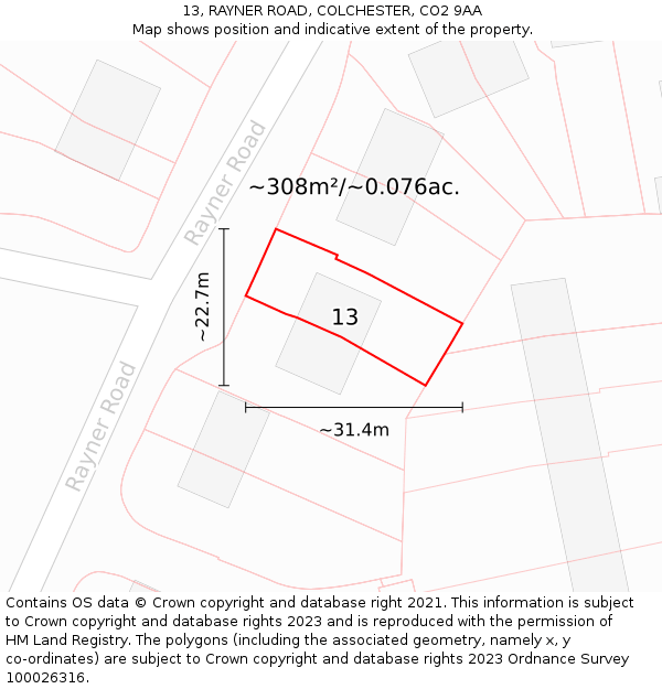 13, RAYNER ROAD, COLCHESTER, CO2 9AA: Plot and title map