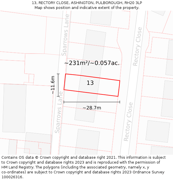 13, RECTORY CLOSE, ASHINGTON, PULBOROUGH, RH20 3LP: Plot and title map