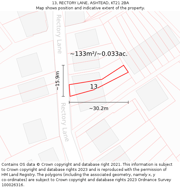 13, RECTORY LANE, ASHTEAD, KT21 2BA: Plot and title map