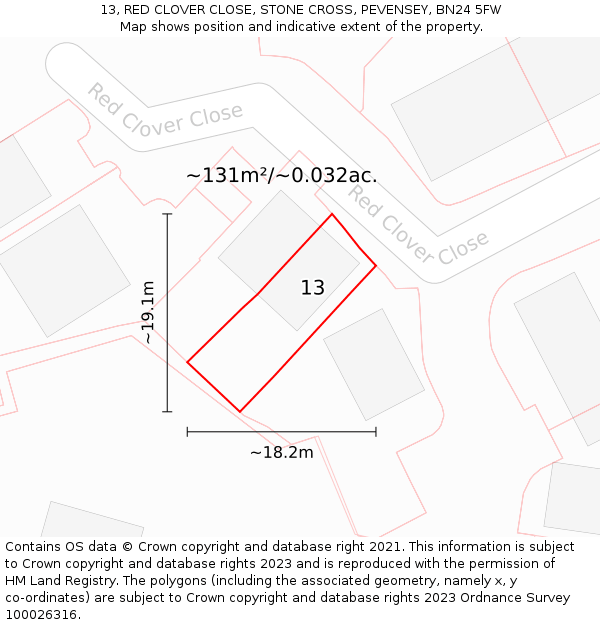 13, RED CLOVER CLOSE, STONE CROSS, PEVENSEY, BN24 5FW: Plot and title map