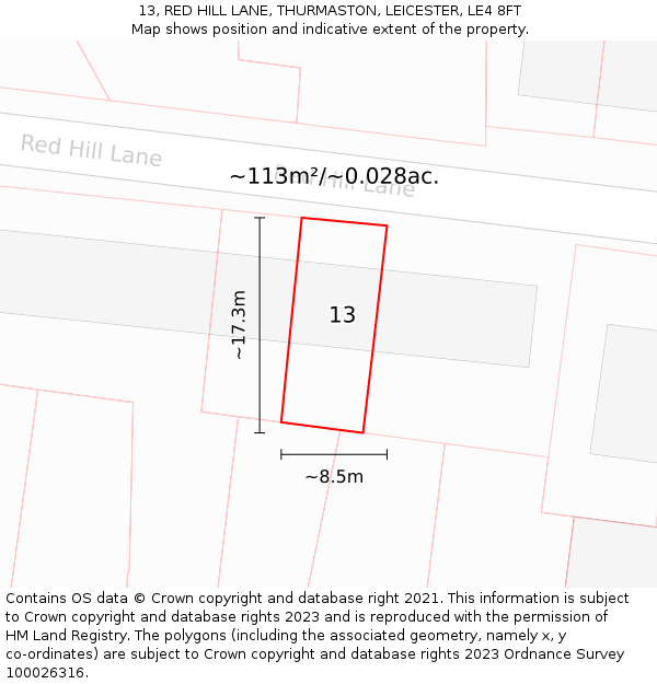 13, RED HILL LANE, THURMASTON, LEICESTER, LE4 8FT: Plot and title map