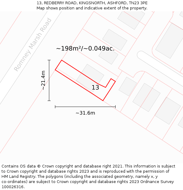 13, REDBERRY ROAD, KINGSNORTH, ASHFORD, TN23 3PE: Plot and title map