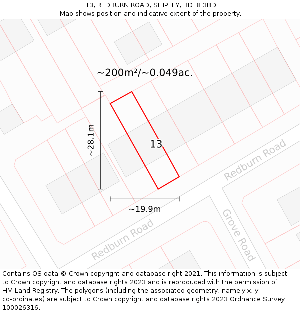 13, REDBURN ROAD, SHIPLEY, BD18 3BD: Plot and title map