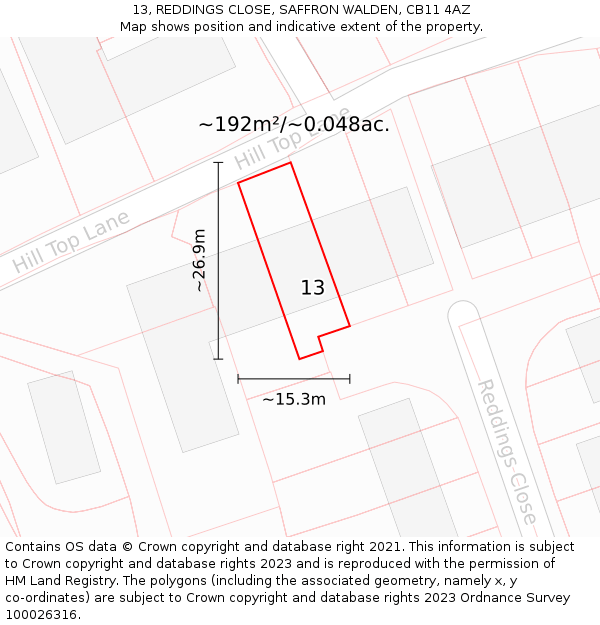 13, REDDINGS CLOSE, SAFFRON WALDEN, CB11 4AZ: Plot and title map