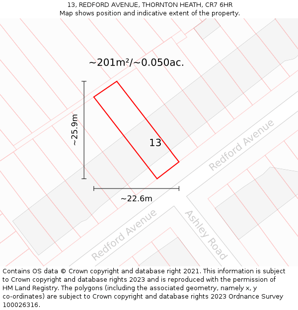 13, REDFORD AVENUE, THORNTON HEATH, CR7 6HR: Plot and title map