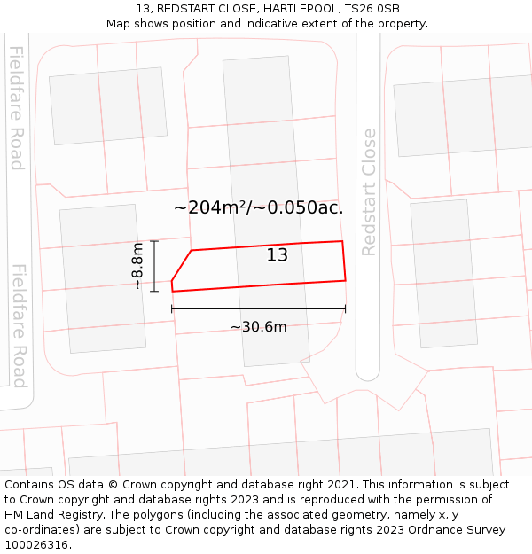 13, REDSTART CLOSE, HARTLEPOOL, TS26 0SB: Plot and title map
