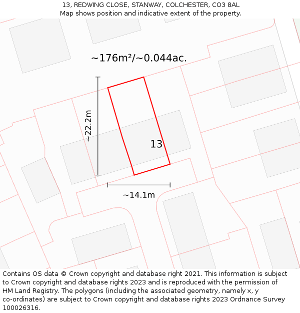 13, REDWING CLOSE, STANWAY, COLCHESTER, CO3 8AL: Plot and title map