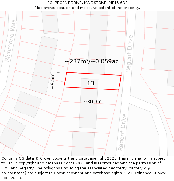 13, REGENT DRIVE, MAIDSTONE, ME15 6DF: Plot and title map