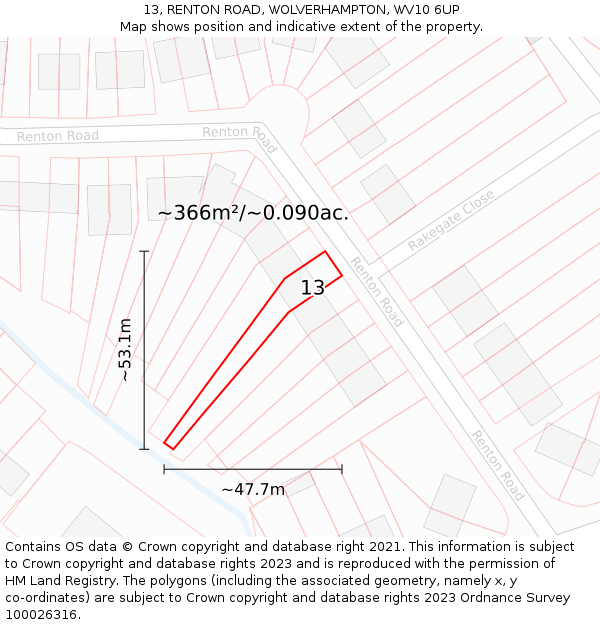 13, RENTON ROAD, WOLVERHAMPTON, WV10 6UP: Plot and title map