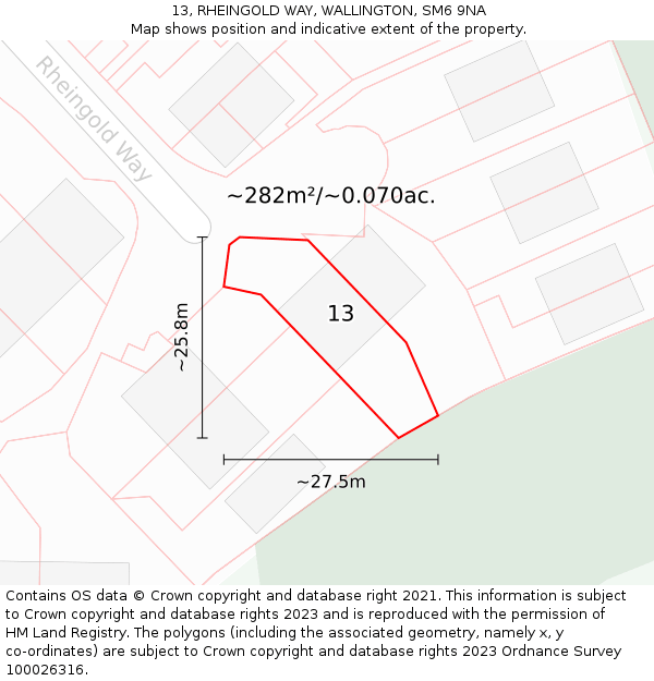 13, RHEINGOLD WAY, WALLINGTON, SM6 9NA: Plot and title map