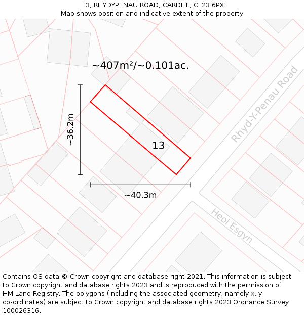 13, RHYDYPENAU ROAD, CARDIFF, CF23 6PX: Plot and title map