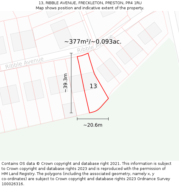 13, RIBBLE AVENUE, FRECKLETON, PRESTON, PR4 1RU: Plot and title map