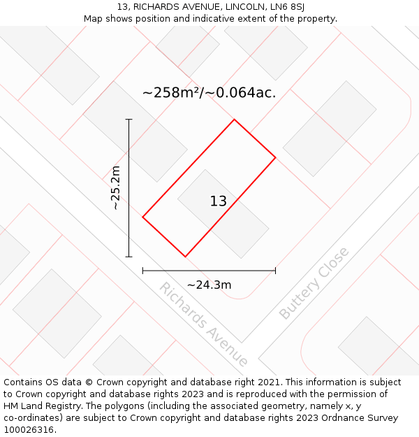 13, RICHARDS AVENUE, LINCOLN, LN6 8SJ: Plot and title map