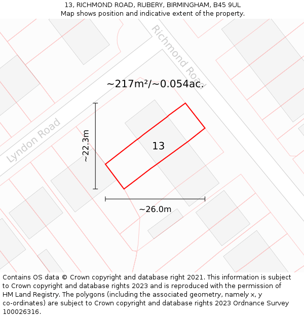 13, RICHMOND ROAD, RUBERY, BIRMINGHAM, B45 9UL: Plot and title map
