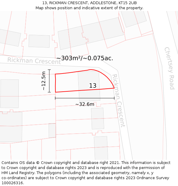 13, RICKMAN CRESCENT, ADDLESTONE, KT15 2UB: Plot and title map