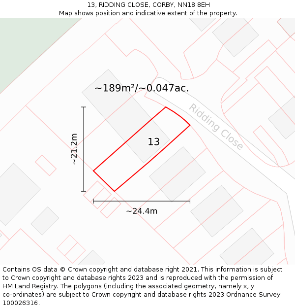 13, RIDDING CLOSE, CORBY, NN18 8EH: Plot and title map