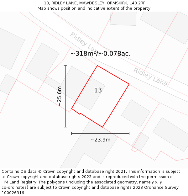 13, RIDLEY LANE, MAWDESLEY, ORMSKIRK, L40 2RF: Plot and title map