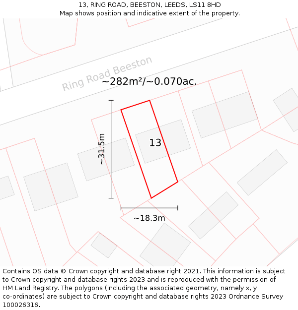 13, RING ROAD, BEESTON, LEEDS, LS11 8HD: Plot and title map