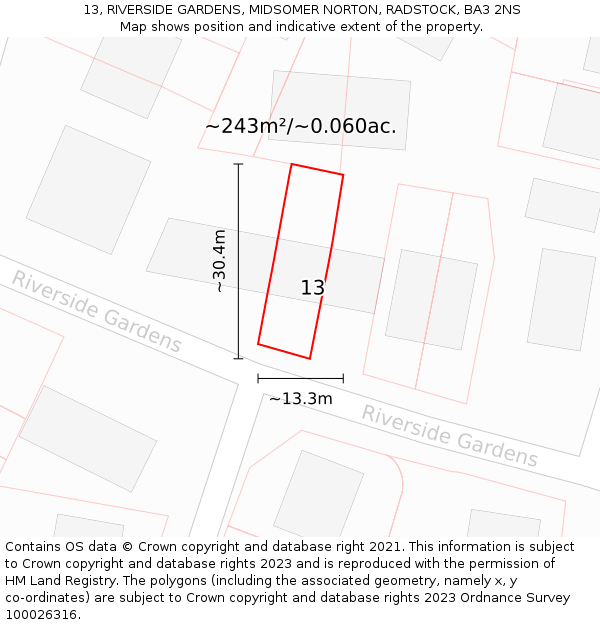 13, RIVERSIDE GARDENS, MIDSOMER NORTON, RADSTOCK, BA3 2NS: Plot and title map