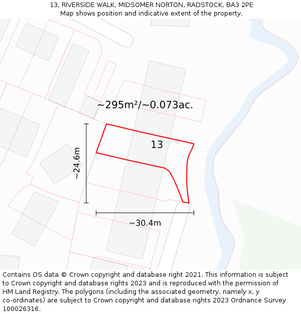 13, RIVERSIDE WALK, MIDSOMER NORTON, RADSTOCK, BA3 2PE: Plot and title map