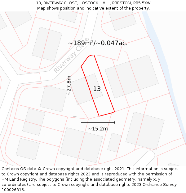 13, RIVERWAY CLOSE, LOSTOCK HALL, PRESTON, PR5 5XW: Plot and title map